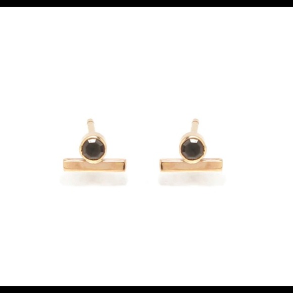 14K Solid Gold Black Diamond Bar Stud Pair - Picture 2 of 3